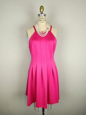 Calvin Klein Hot Pink Cocktail Dress Halter Neck Pleated Skirt Scuba Fit * Large